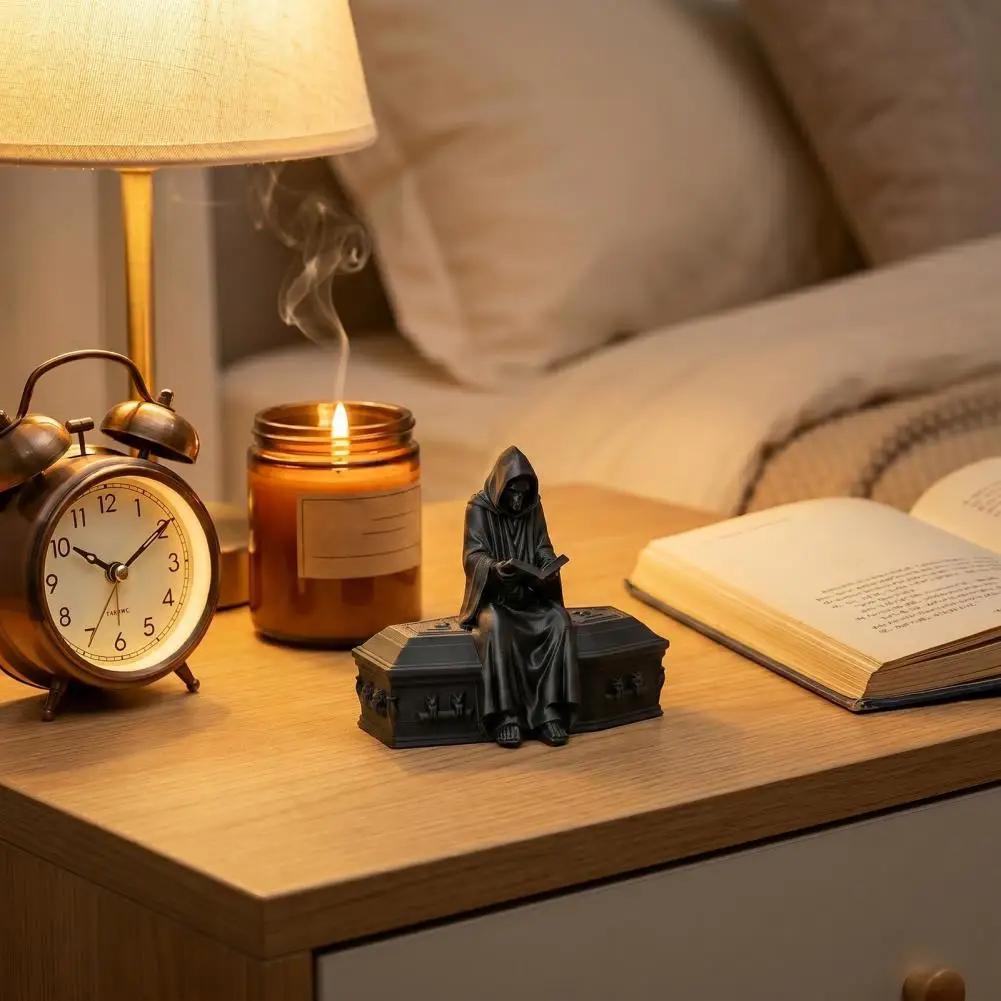 Mysterious Desk Accessories 3d Printed Reading Skeleton Figurine Hooded Reader Statue Spooky Desktop Ornament for Home Office