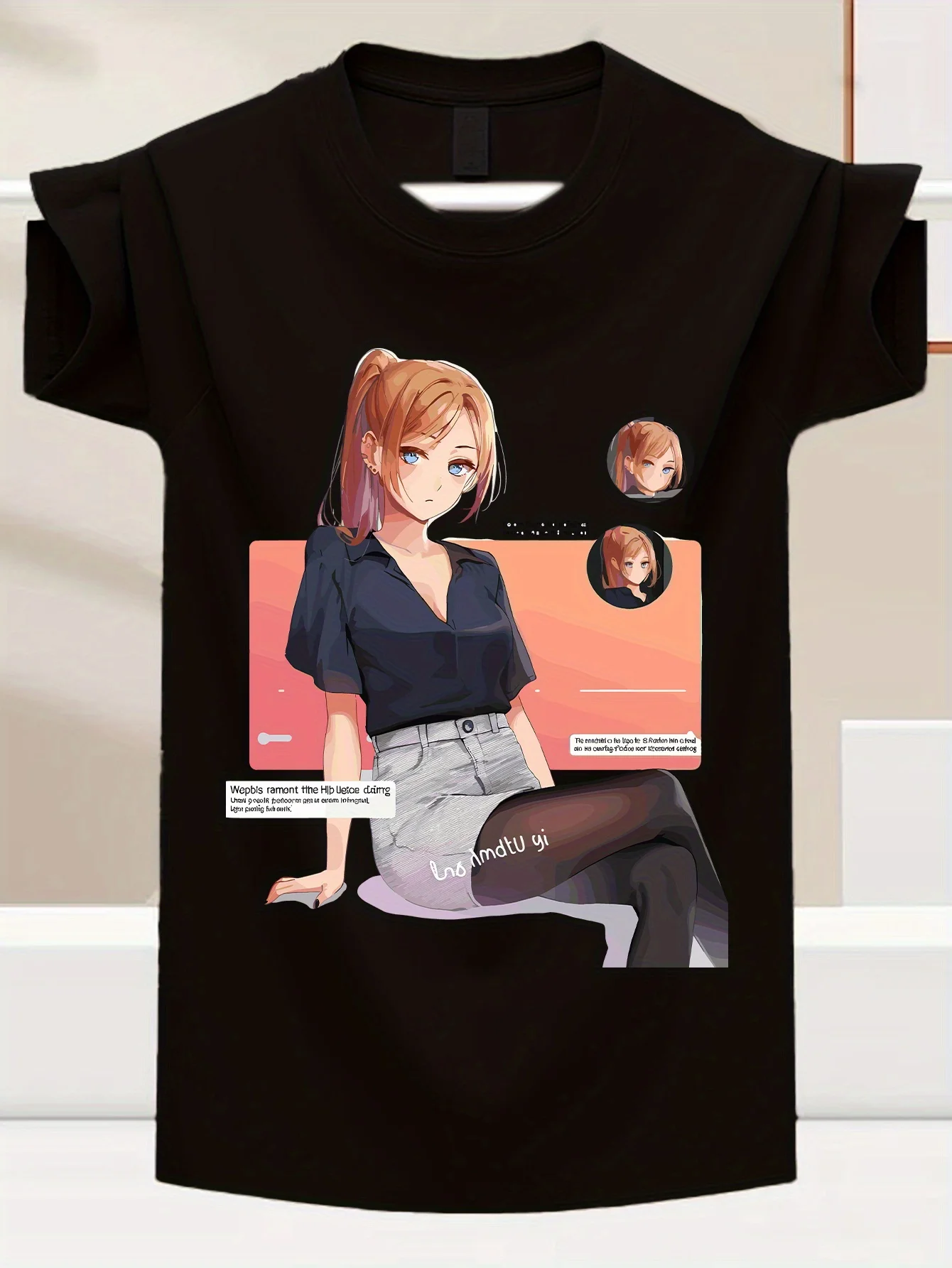 

Black Silk Anime Beauty Girl, Four Seasons Short Crew Neck Street Style 100 % Cotton T - Shirt, Men' S