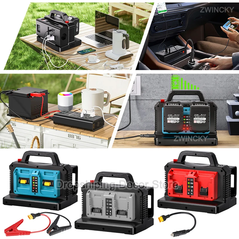 for Makita/Dewal/Milwaukee/Bosch/Ryobi 18V Li-ion Battery Outdoor Portable Inverter with USB Type-C Port Dual Battery Charger