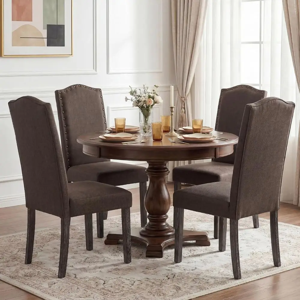 

Upholstered Taupe Parsons Chair with Copper Nails, Set of 4 for Kitchen or Dining Room