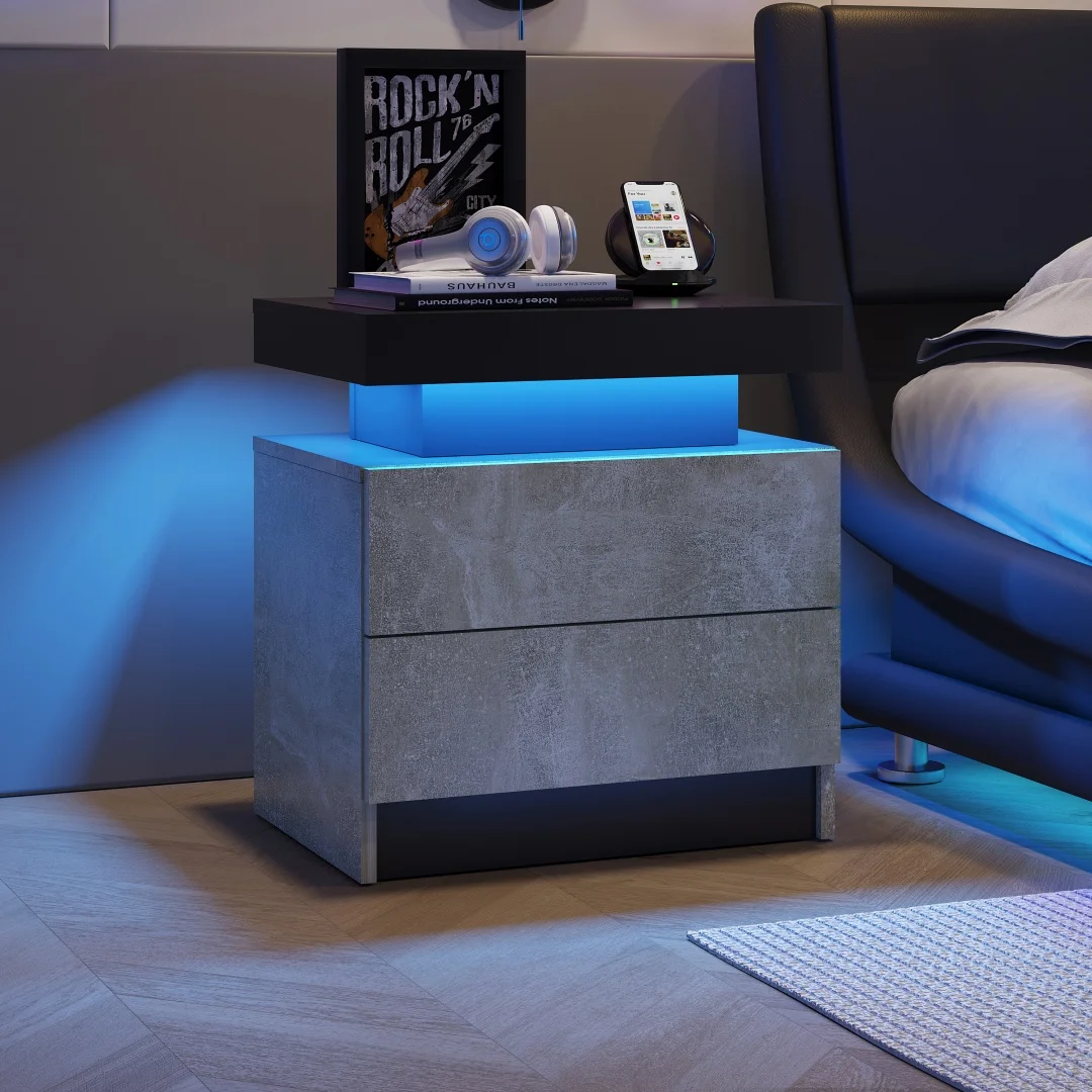 Nightstand LED Bedside Table Cabinet Lights Modern End Side with 2 Drawers for Bedroom (Gray)