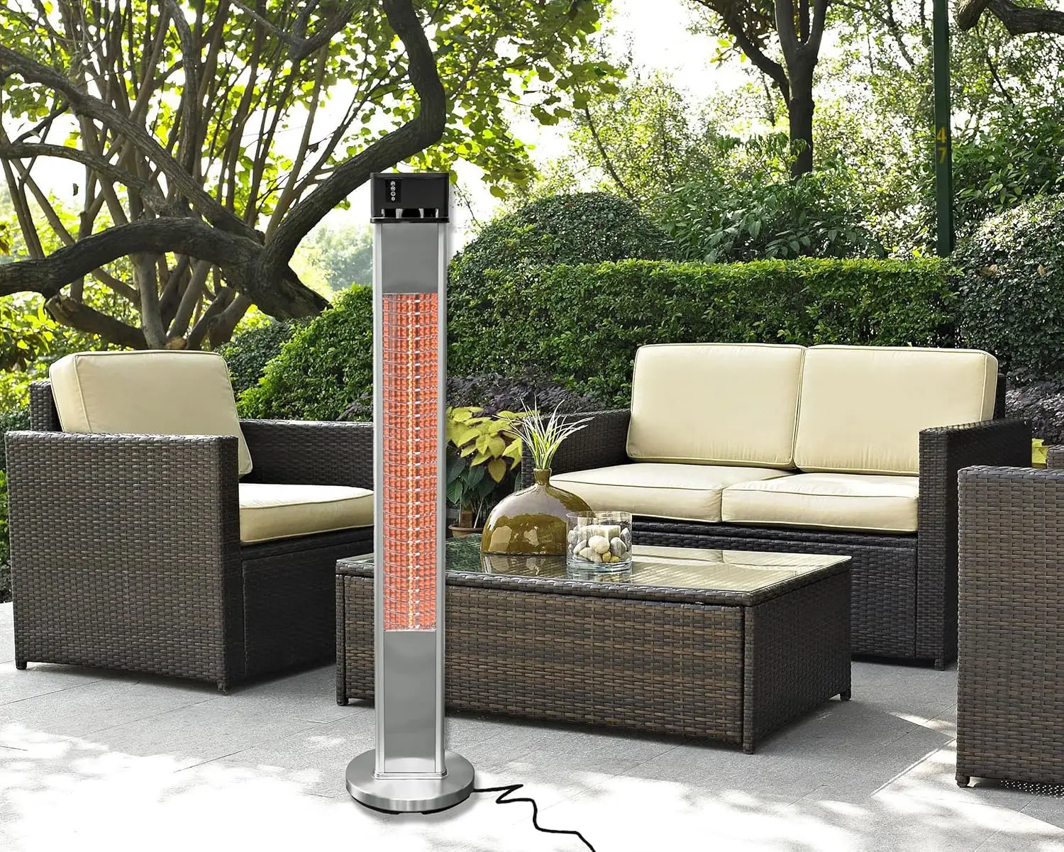 Electric Infrared Outdoor Heater, Freestanding Patio Heater with Remote Control, Silver