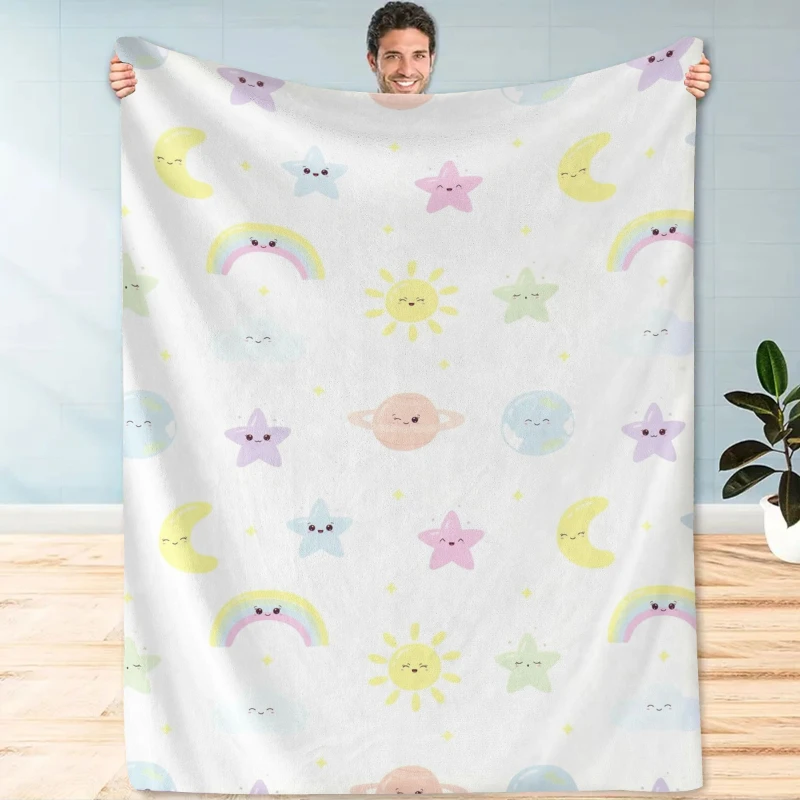 Pastel Planet Moon Rainbow Graphic Throw Blanket,Soft Couch,Reading Nook Layer,Birthday Anniversary Home Casual Daily Keepsake