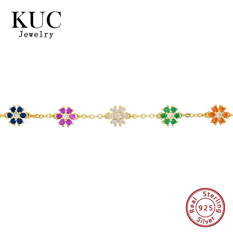 Fine Jewelry Ornate Unique 925 Sterling Silver Chain Fashion Charm Bracelet Colored Zircon Flower Bracelets for Women