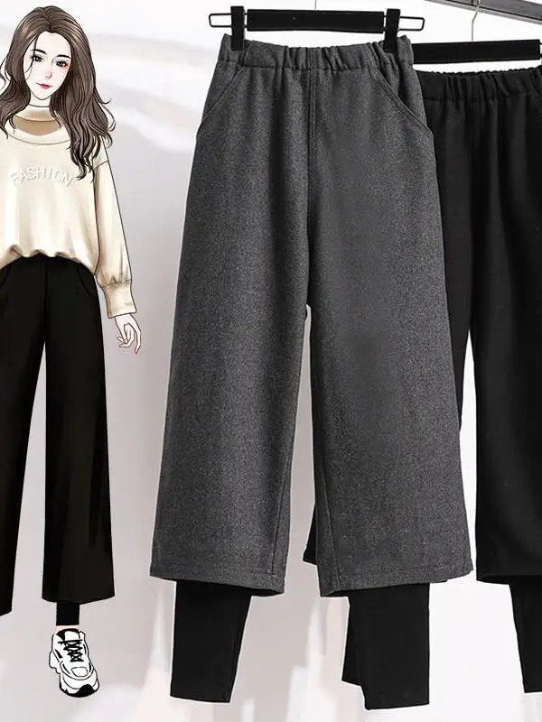 Plus size meninas outono inverno faion coreano sle lã calças de perna larga cintura alta corte reto solto ajuste calças casuais