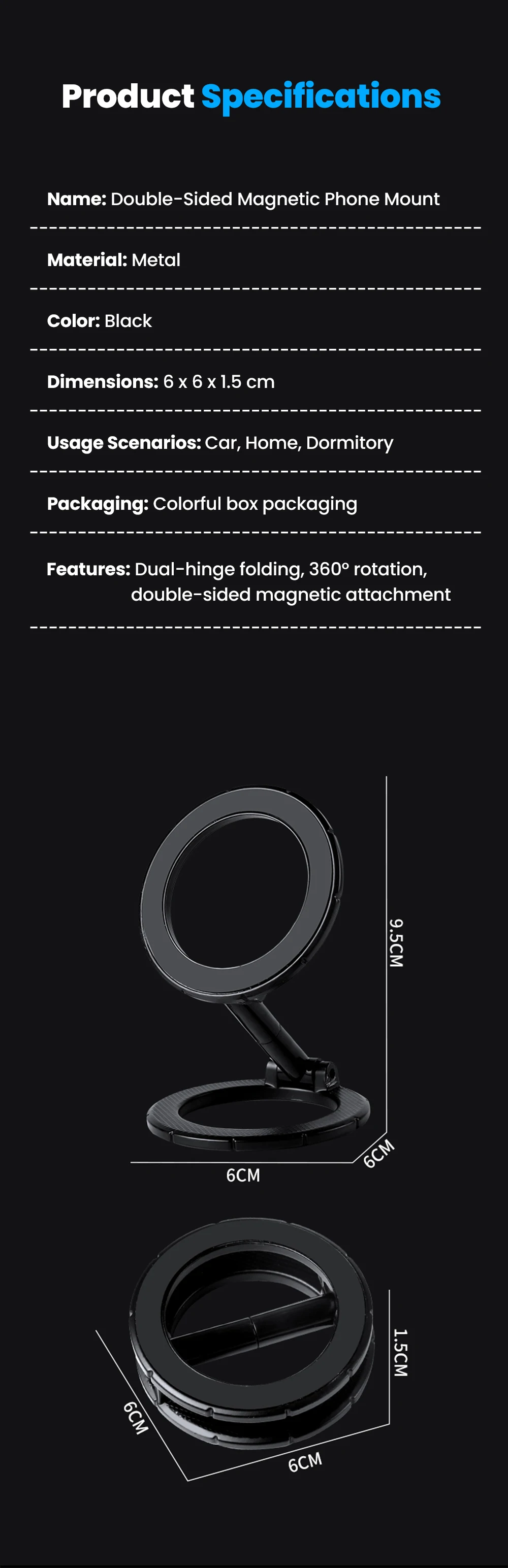 Doppelseitiger Magnetischer Faltbarer Auto-Handyhalter 360° ° Schwenkbare, verstellbare Telefonhalterung für die Navigationshalterung am Armaturenbrett – Detail 11