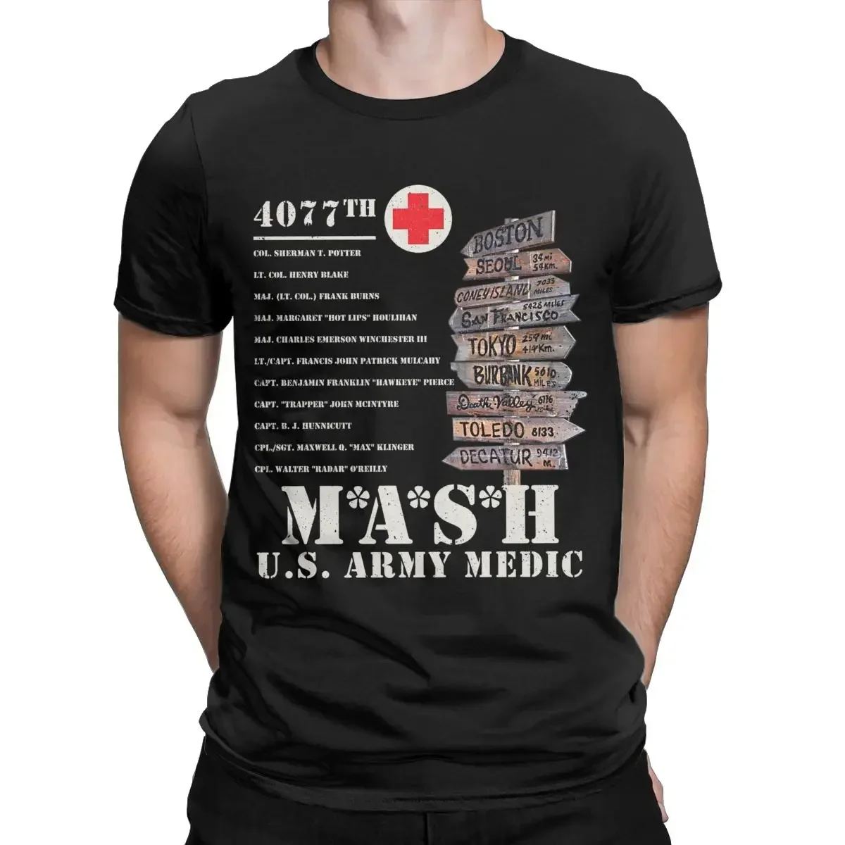 Mash 4077 TV Show Signpost T Shirt for Men Cotton Funny T-Shirt Crewneck Tee Shirt Short Sleeve Clothing Gift Idea