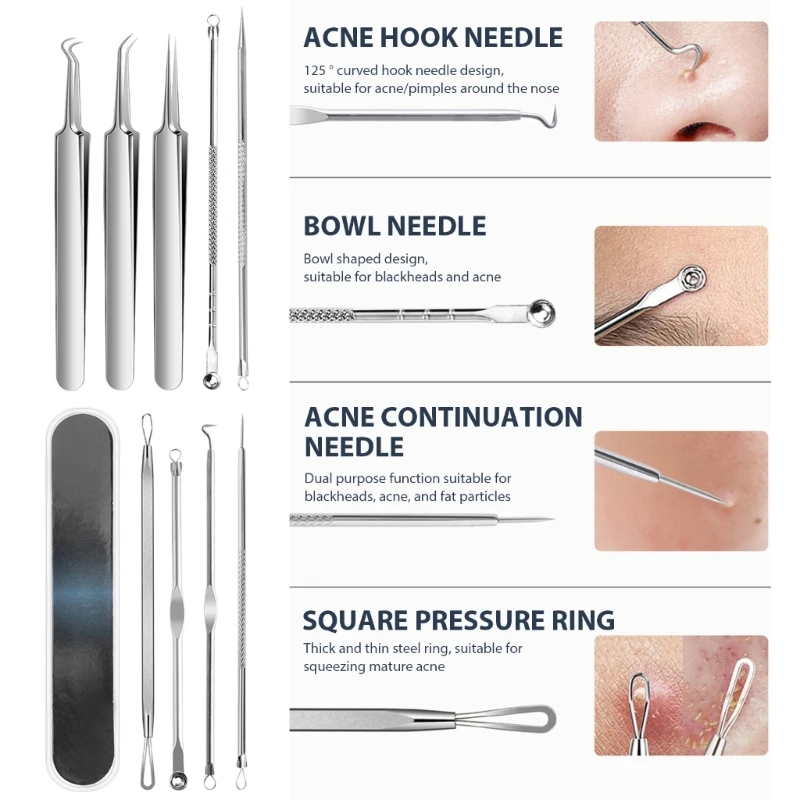 9pcs Stainless Steel Black Head Remove Pimple Tool Set Blackhead Remover Tool Comedone Squeezer Set Easy to Use E0BD