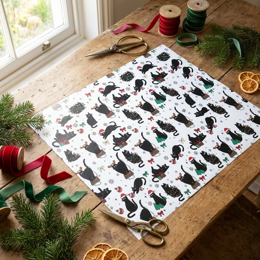 Christmas Wrapping Paper Black Cat Cute Santa Xmas Gift Wrap Paper Roll Holiday Party Gift Wrapping Decor for Cat Lovers - view 5
