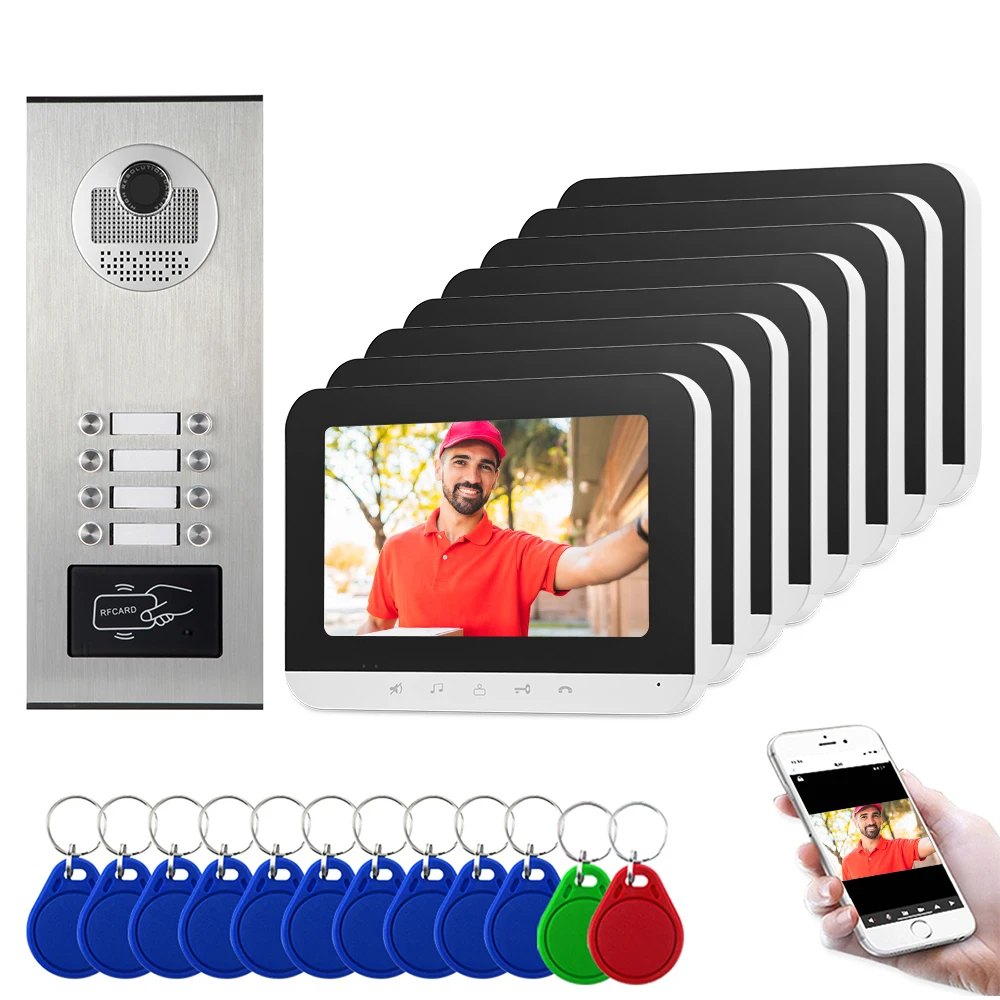 Home system Two-way walkie-talkie 7 inch wireless video door phone 4 wired walkie-talkie system