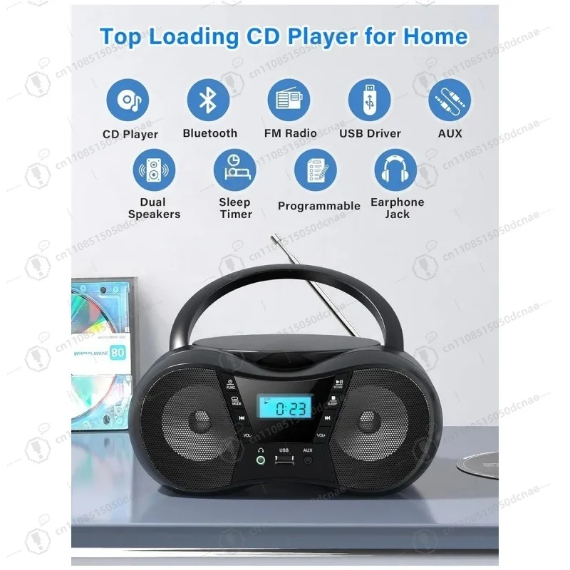 Portable Stereo CD Player Boombox FM Radio Bluetooth 5.0 USB Playback Dual Power Supply Built-in Speaker for Home Outdoor Travel