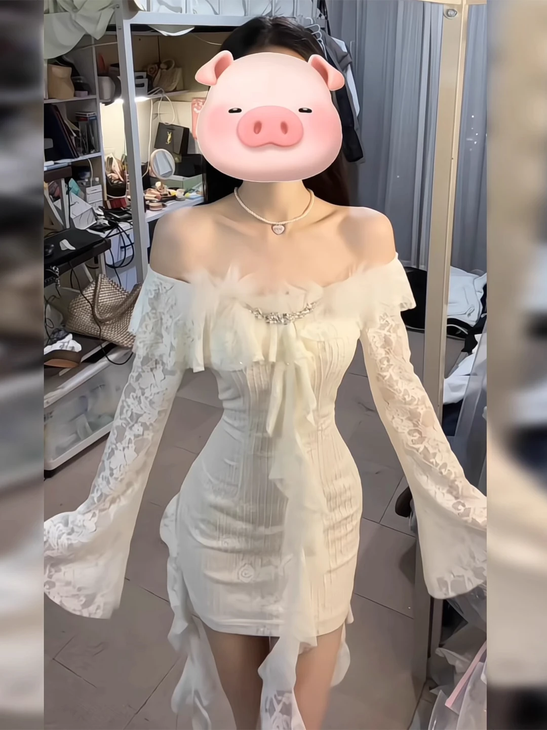 

Ele Lace ort Dr Women's Autumn Winter Diamond Embellied Fur Collar One-oulder Bodycon Skirt French Sle Casual