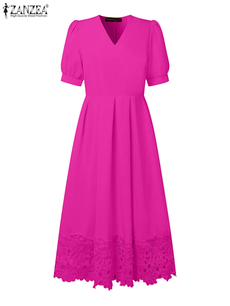 2023 ZANZEA Frauen V-ausschnitt Party Kleid Sommer Elegante EINE Linie Arbeit Kleider Stilvolle Spitze Patchwork Midi Sommerkleid Urlaub Vestidos