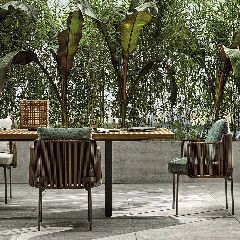 

Luxury Aluminum Teak Outdoor Table Set Stainless Steel Outdoor Dining Table and Chairs Rattan Dining Room Set
