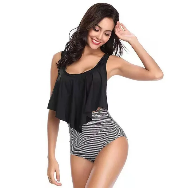 Traje de baño de dos piezas vendedor caliente para traje de baño Tankini con estampado de volantes y tirantes sueltos para mujer