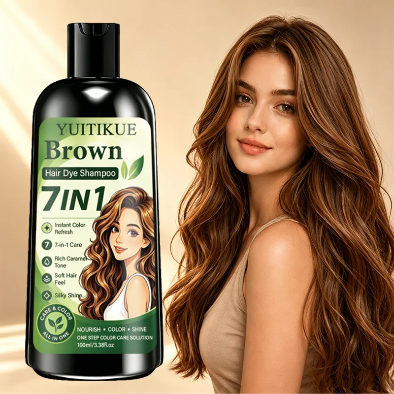 YUITIKUE Brown Hair Color Shampoo 100ml 3.38 fl oz 7 in 1 Instant Dye for Women Men Home Use