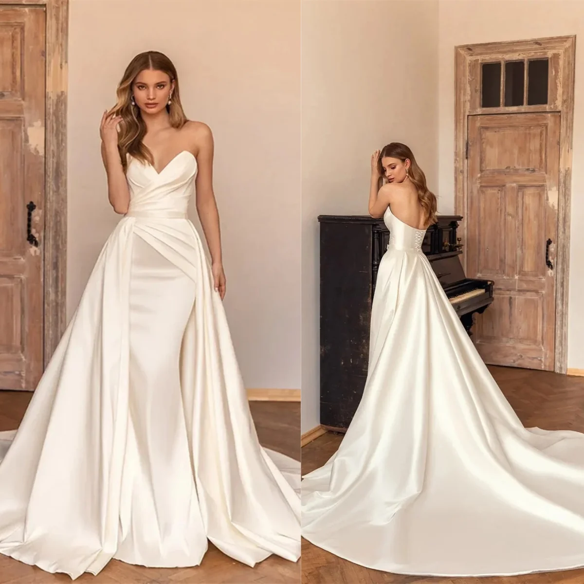 Classic Mermaid Wedding Dress Pleats Spaghetti Strap Bride Gowns Detachable Sweep Train Satin Bridal Dresses Custom Made