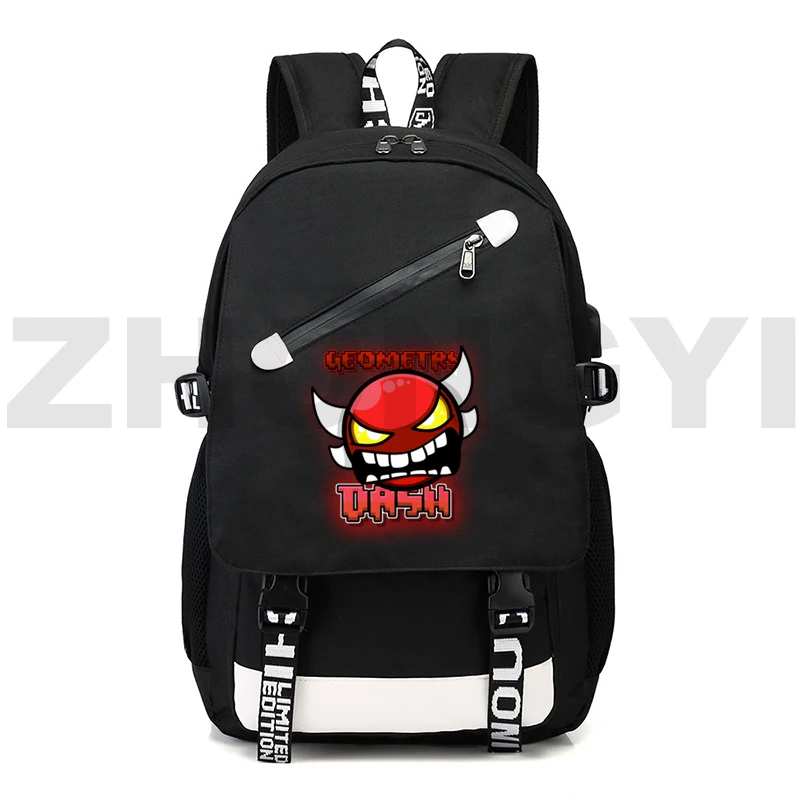 Angry Geometry Dash USB Charging Backpack Men Zipper Mochila Game Geometry Dash Back Pack Schoolbags Cartoon Bag Teenager Girls