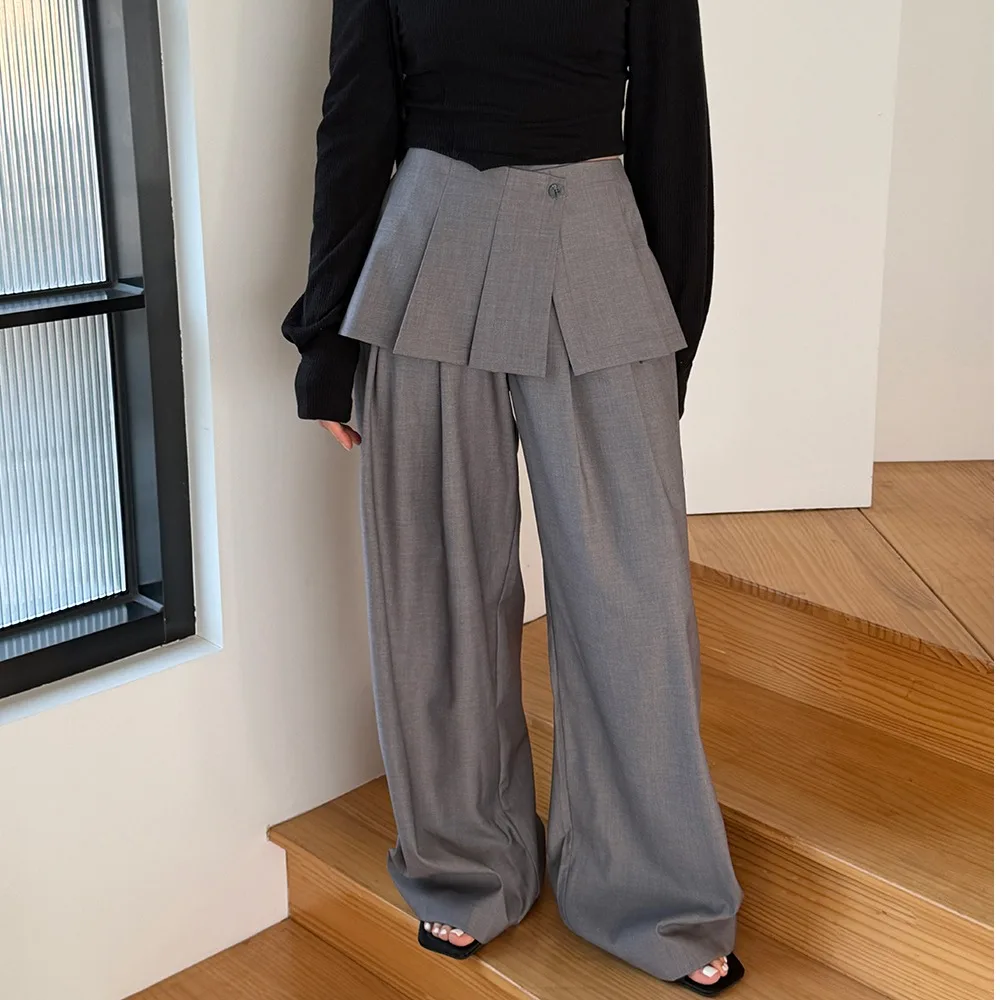 Korean Style Versatile Long Wide Leg Pants Women's Casual Drapey Pleated Skirt Look Fake Two-Piece Set Comfortable Leisure Tr...