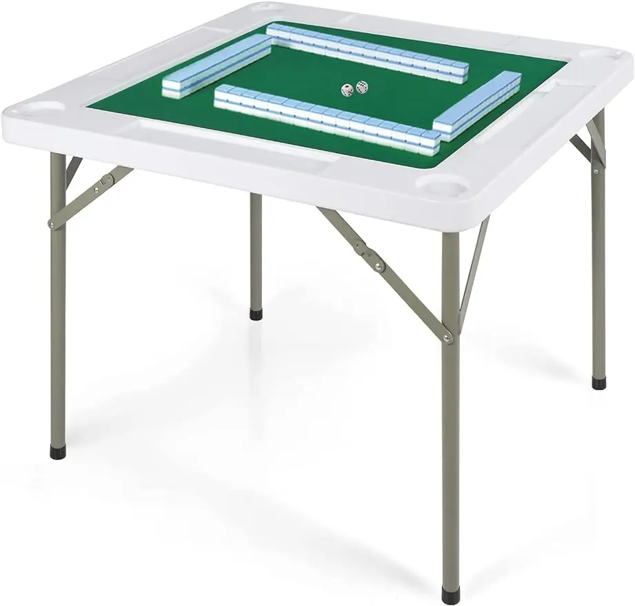 Adult folding leg plastic mahjong table, square domino game table, cup holder, chip slot, and green table felt 34.6x34.6 inches