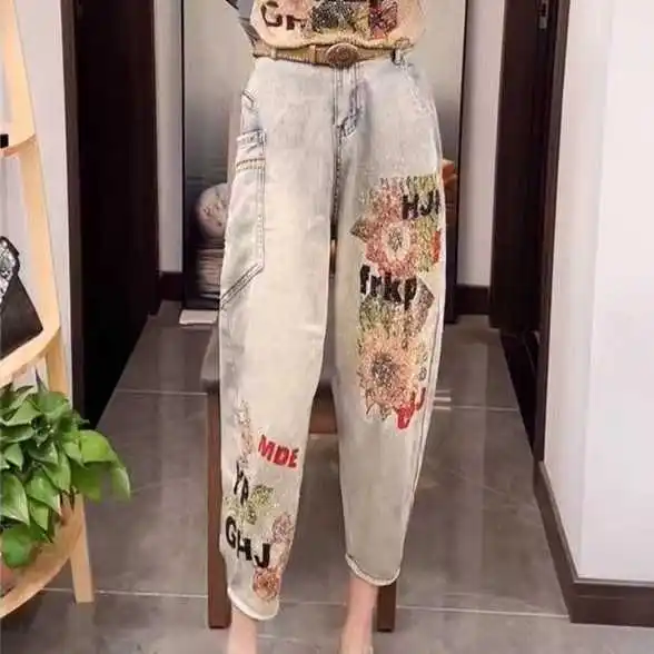 

Spring 2026 Faion Heavy Du Rhinestone Phoenix High Waist Slimming Harem Nine-Piece Skinny Jeans Women's Denim Pants