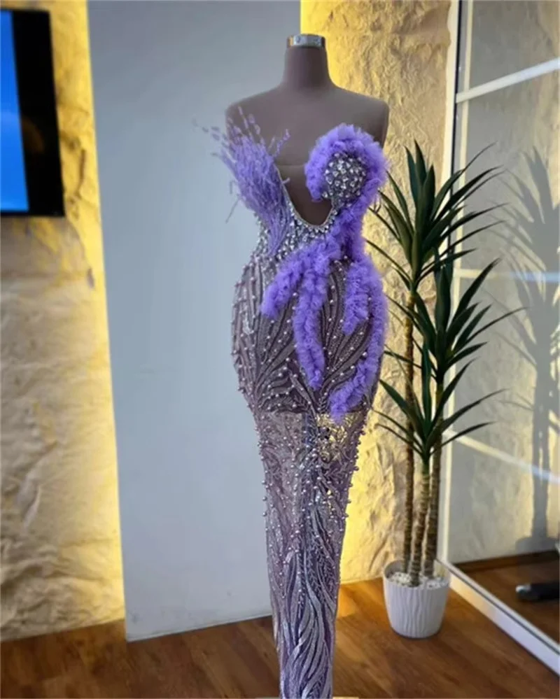 Lilac Long Middle Eastern Evening Dresses Luxury Pearls Beaded Saudi Arabia Dubai Robe De Soiree Prom Dress Gown Customized