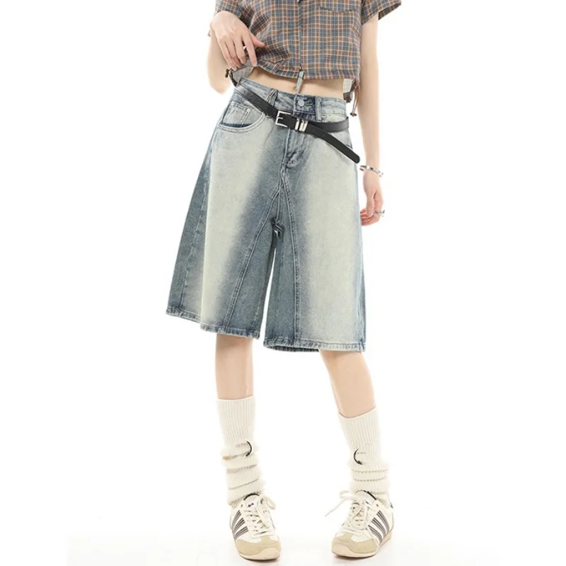 

Women Short Blue Summer Gradient High Waist Jeans Baggy Y2K Straight Five Points Trousers Vintage Denim Wide Leg Short Pants