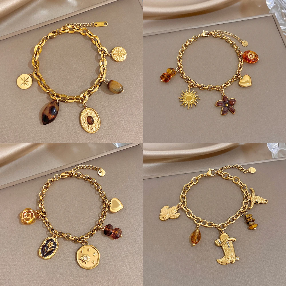 Vintage Multi Charm Tiger Eye Stone Bracelet for Women Gold Plated Stainless Steel Waterproof Sunflower Boot Bracelet Gift