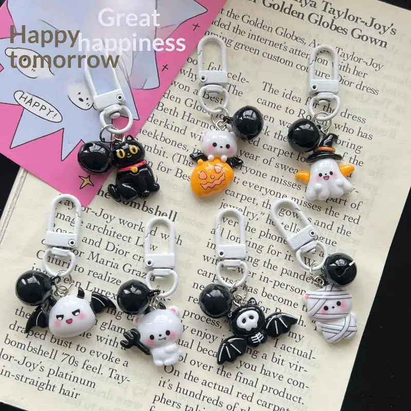 S Halloween Cartoon Resin Keychains With Bell Cute Ghost Mummy Pendant For Bag Backpack Decor Party Gift