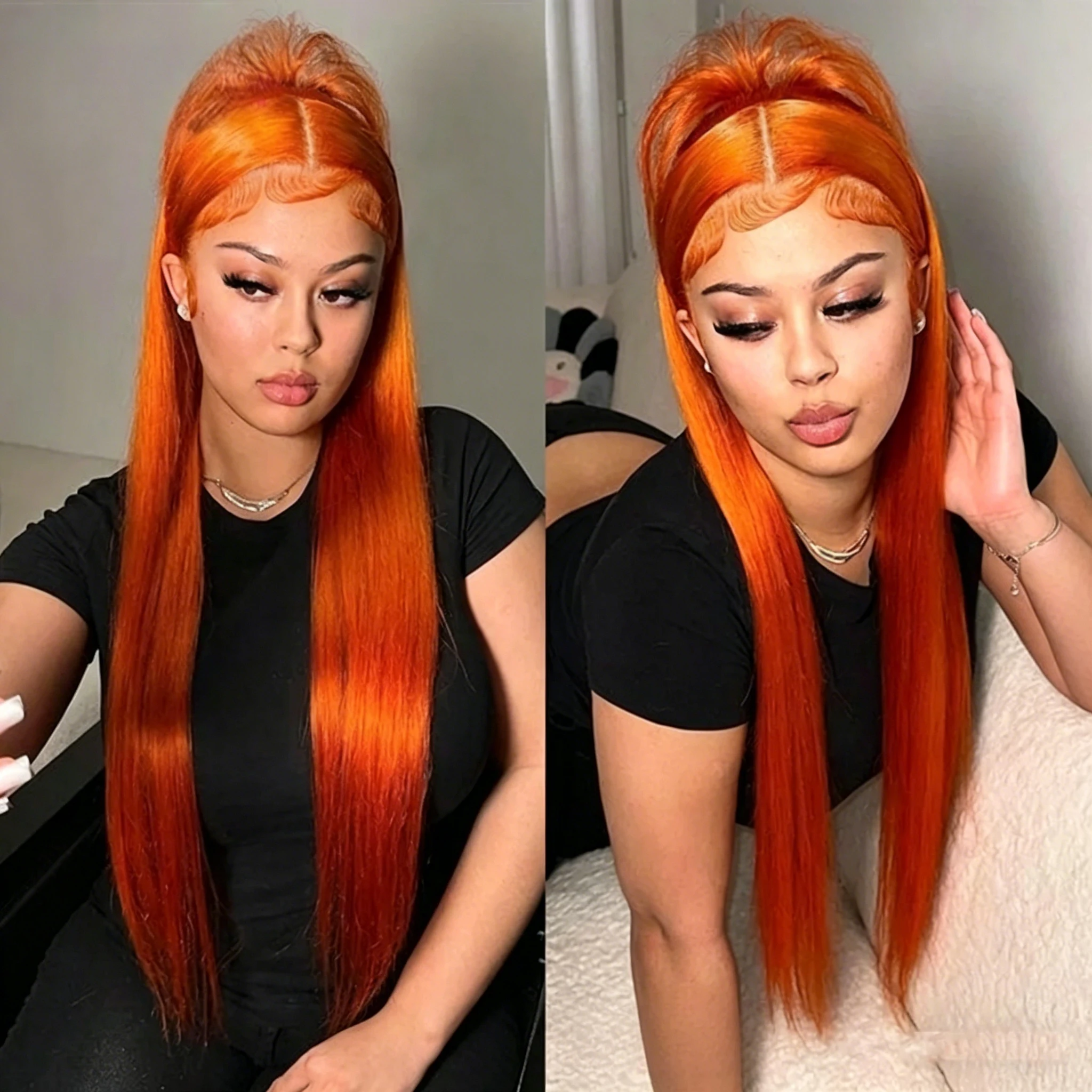 

Straight Ginger Orange Human Hair Wig 30 Inches Lace Front 13x6 13x4 HD Frontal Colored Wigs Pre Plucked For Women 250 Density