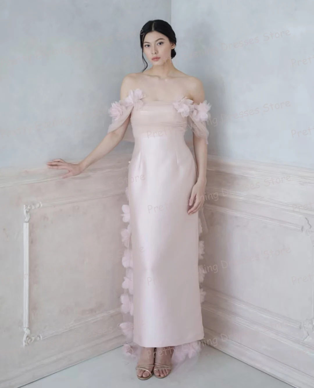 

Простые вечерние платья, женские платья русалки с шалью и цветами, платья для выпускного вечера без рукавов чайной длины, модные вечерние платья по индивидуальному заказу, Vestidos De Novia