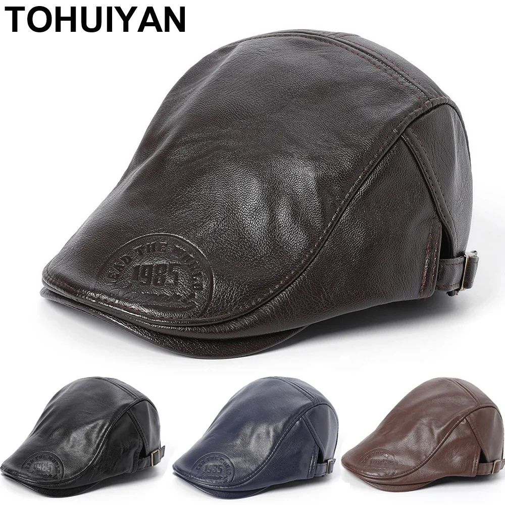 TOHUIYAN Retro Leather Men Hat Thicken Warm Newsboy Caps Winter Boinas Driving Flat Cap Artist Painter Duckbill Cabbie Hats