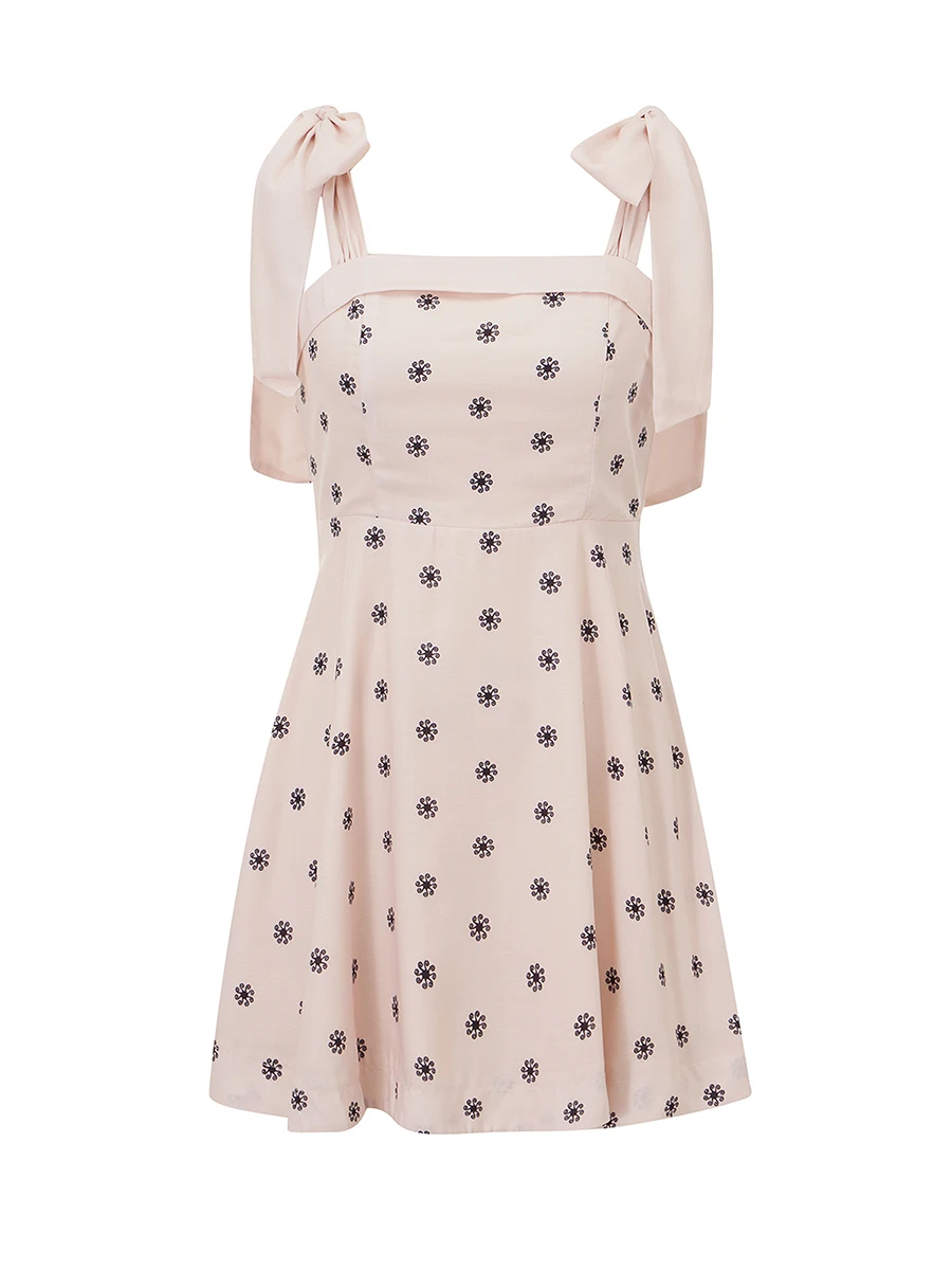 Damska letnia mini sukienka na ramiączkach z kwiatowym nadrukiem, wiązana na ramionach, bez pleców, zwiewna sukienka w kształcie litery A