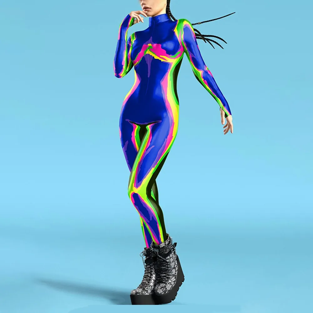 Combinaison slim décontractée imprimée colorée en 3D, combinaison de fête de carnaval d'halloween, Costume de jeu de rôle, Costume de scène Slim