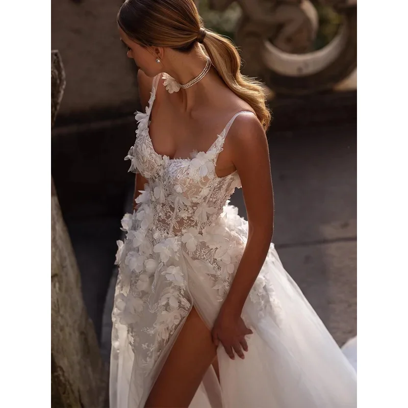 Свадебное платье с цветочным принтом и v-образным вырезом на тонких бретельках, аппликации с боковым разрезом и открытой спиной, свадебное платье трапециевидной формы в стиле бохо, пляжное свадебное платье