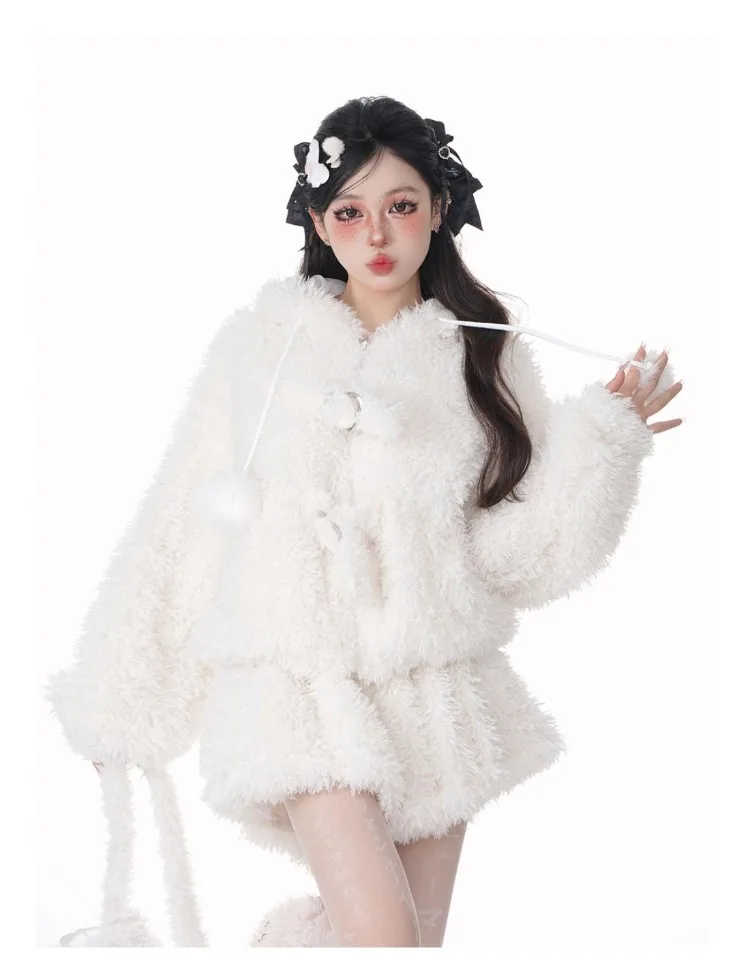 Lazy White Long Sleeve Rabbit Ear Fluffy Hoodie Tops Women+ Y2k High Waist A-line Skirts Autumn Winter New Two Piece Sets