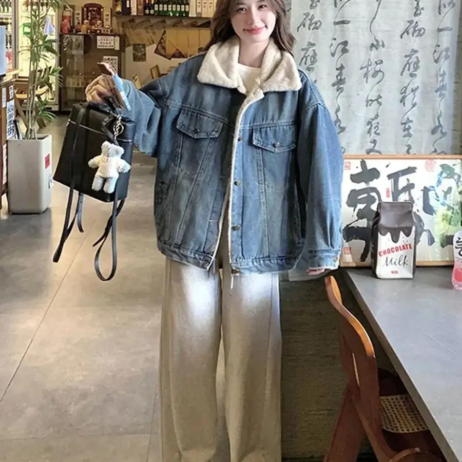 

Джинсовое пальто с натуральной овечьей лампой, зимнее меховое плюшевое женское осеннее свободное пальто, элегантный стиль в консервативном стиле, профессиональное светское пальто с защитой от запаха