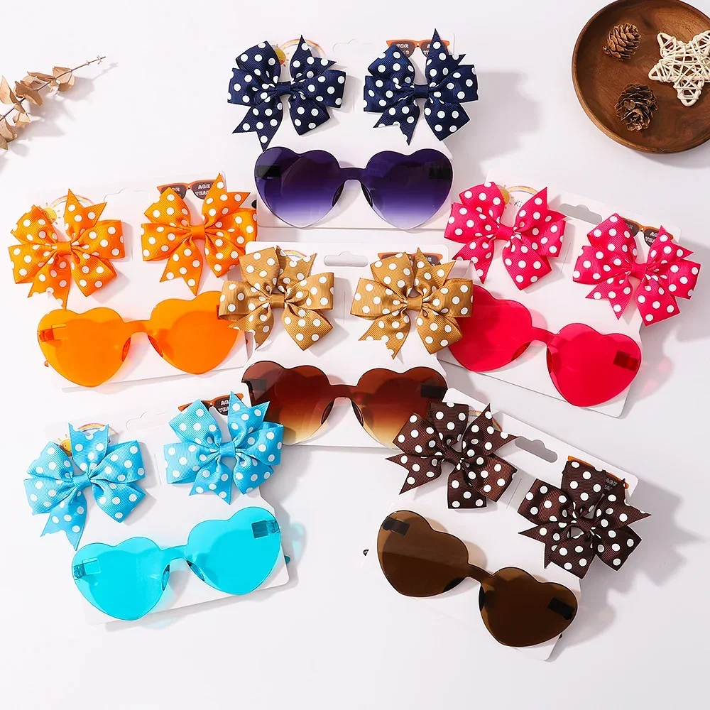 3Pcs Cute Solid Dot Hairpin Colorful Heart Sun Glasses Set for Little Girls Boutique Bowknot Hair Clip Children Hair Accessories