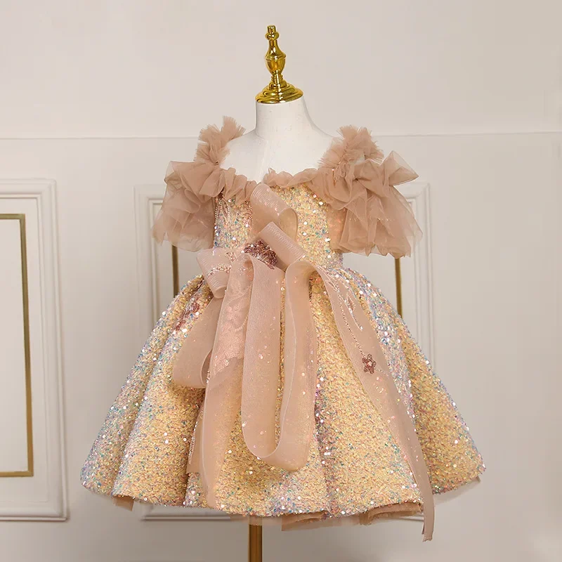 Kids Girls Party Performance Costume Ball Gown2025 Children Prom Dress ChicTulle Off The Shoulder Gold Sequined Princess Dresses