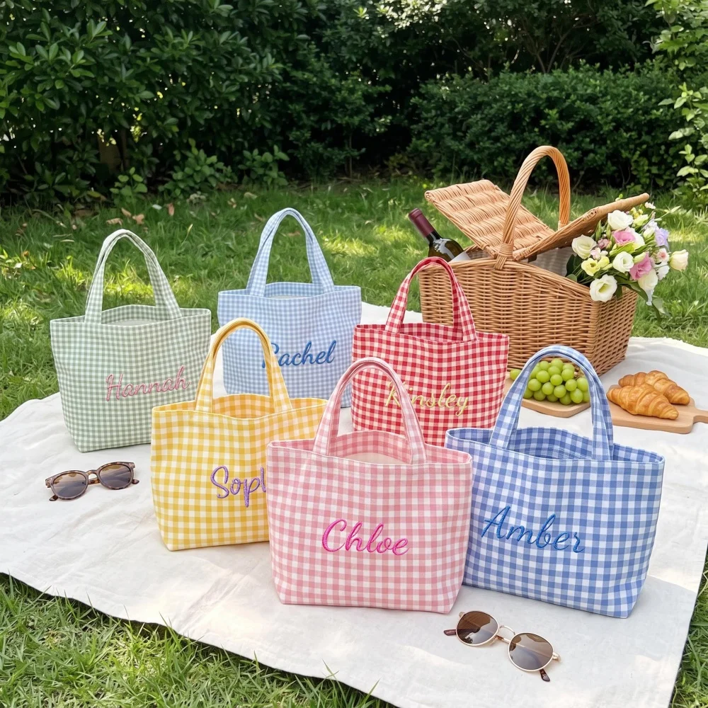 Multicolor Gingham Plaid Tote Bag Custom Embroidered Name Bridesmaid Gift Canvas Shoulder Bag Bachelorette Party Supplies