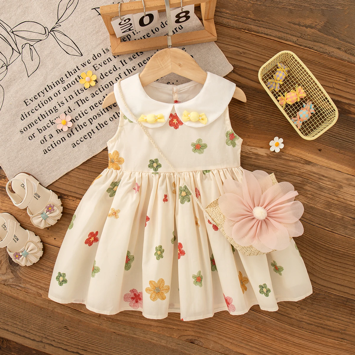 Casual Dresses for Baby Girls Colorful Flower Embroiderey Sleeveless Doll Collar Dress Toddler Girl Cute Dress with Bag