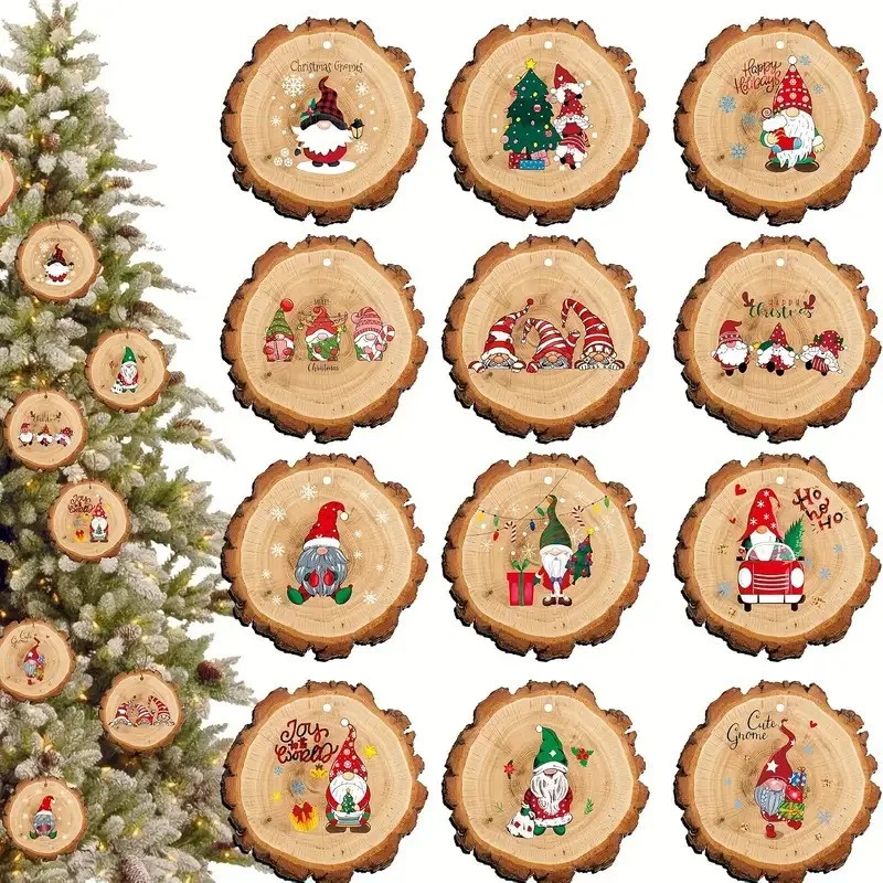

12Pcs Cartoon Santa Claus Wooden Ornaments Rustic Wood Slice Christmas Tree Hanging Pendants New Year Home Decoration Kids Gift
