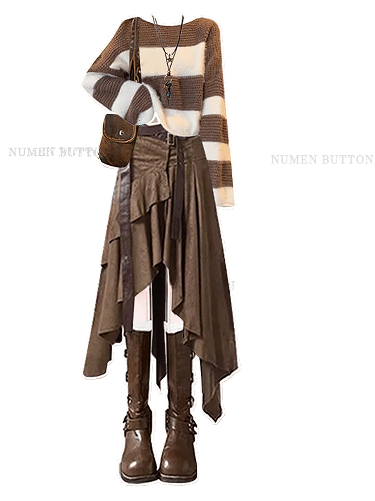 Осенний сезон, корейский винтажный полосатый свитер и комплект юбки, женский модный утягивающий асимметричный комплект f-длины