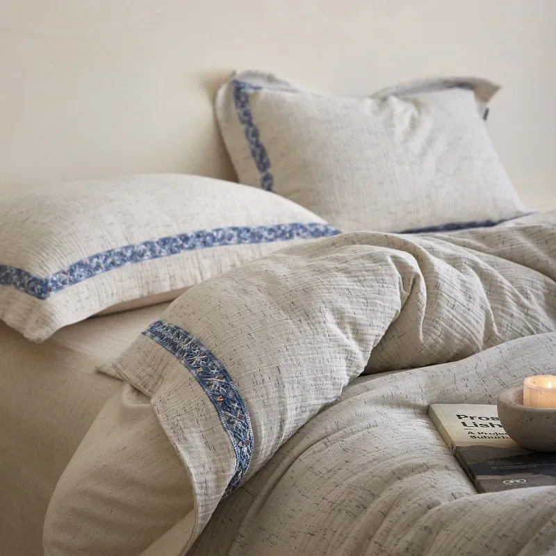 Toning cotton and linen Class A cotton and linen color woven jacquard bed sheet quilt cover four-piece set 20% linen bedding