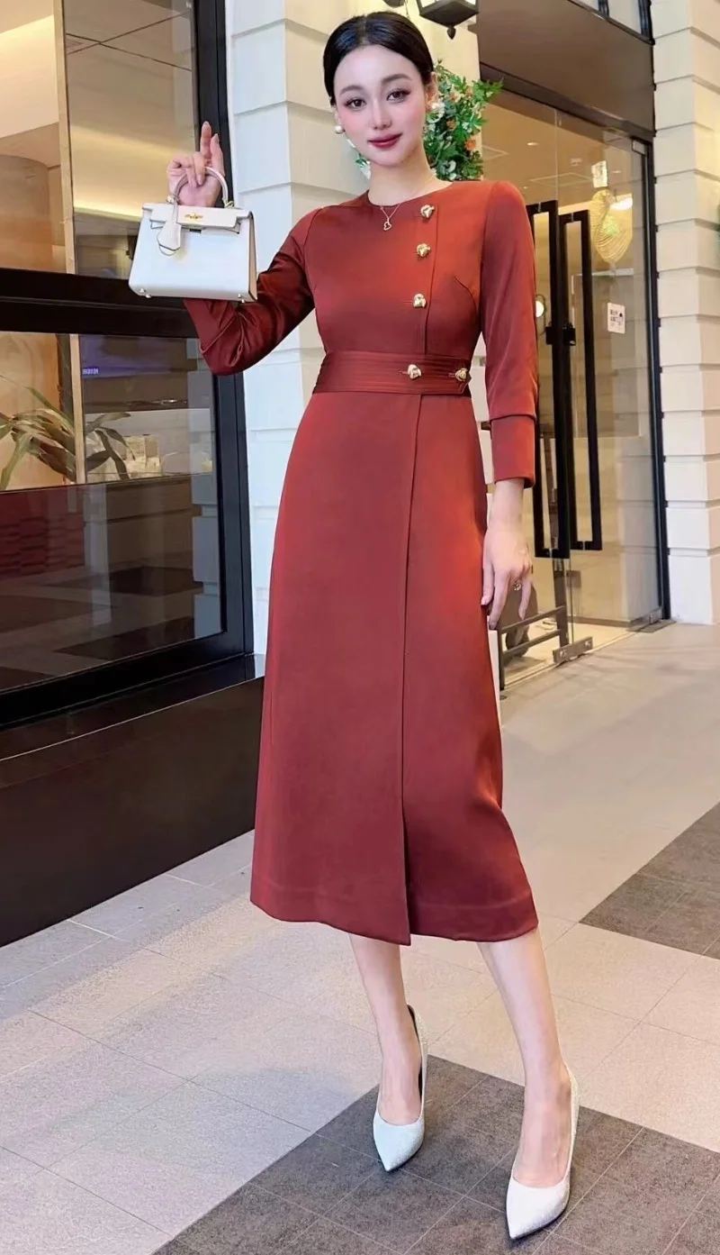 XXXL Bodycon Dress 2024 Autumn Winter Cocktail Party Women Big Button Deco Long Sleeve Midi Brown Khaki Dress Special Occasion