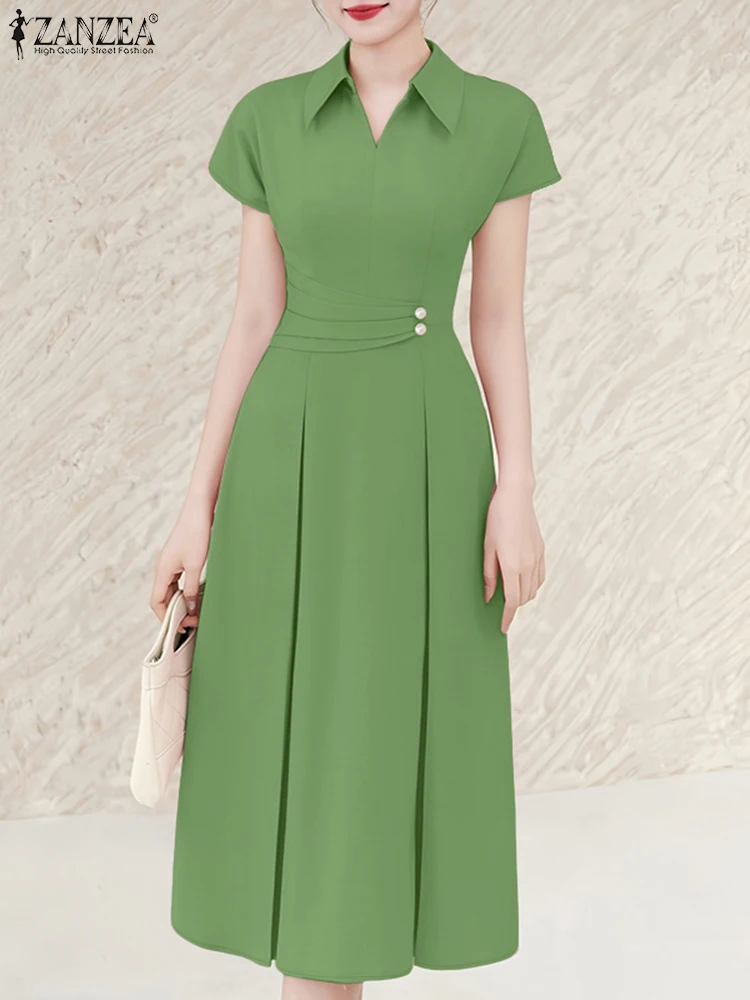 فساتين نسائية للمكتب 2025 من ZANZEA فستان صيفي متين بطيات OL للعمل فستان صيفي ميدي فيستدوس أنيق برقبة على شكل طية صدر وأكمام قصيرة للحفلات