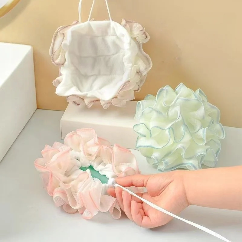 2-In-1 Bath Ball Towel Loofah With Drawstring Closure For Soap Soft Exfoliating Mesh Shower Sponge Skin Care Bathing Tool