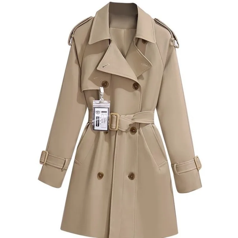 Trendy Women's Trench Coats New Spring Autumn High-end Mid-length Slim Outerwear Double-breasted Belt Long Sleeves Windbreaker