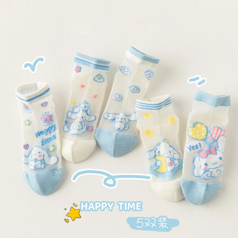 5Pairs Sanrio Kawaii Anime Mid-Tube Socks Cinnamoroll Student Thin Socks Summer Ventilate Comfortable Sweat-Absorbing Socks Girl