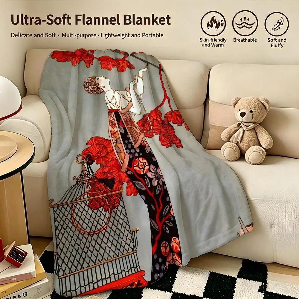 artist G-George Barbier-R Throw Warm Soft Flannel Blanket, Multi-use for Sofa Bed Camping Travel Nap